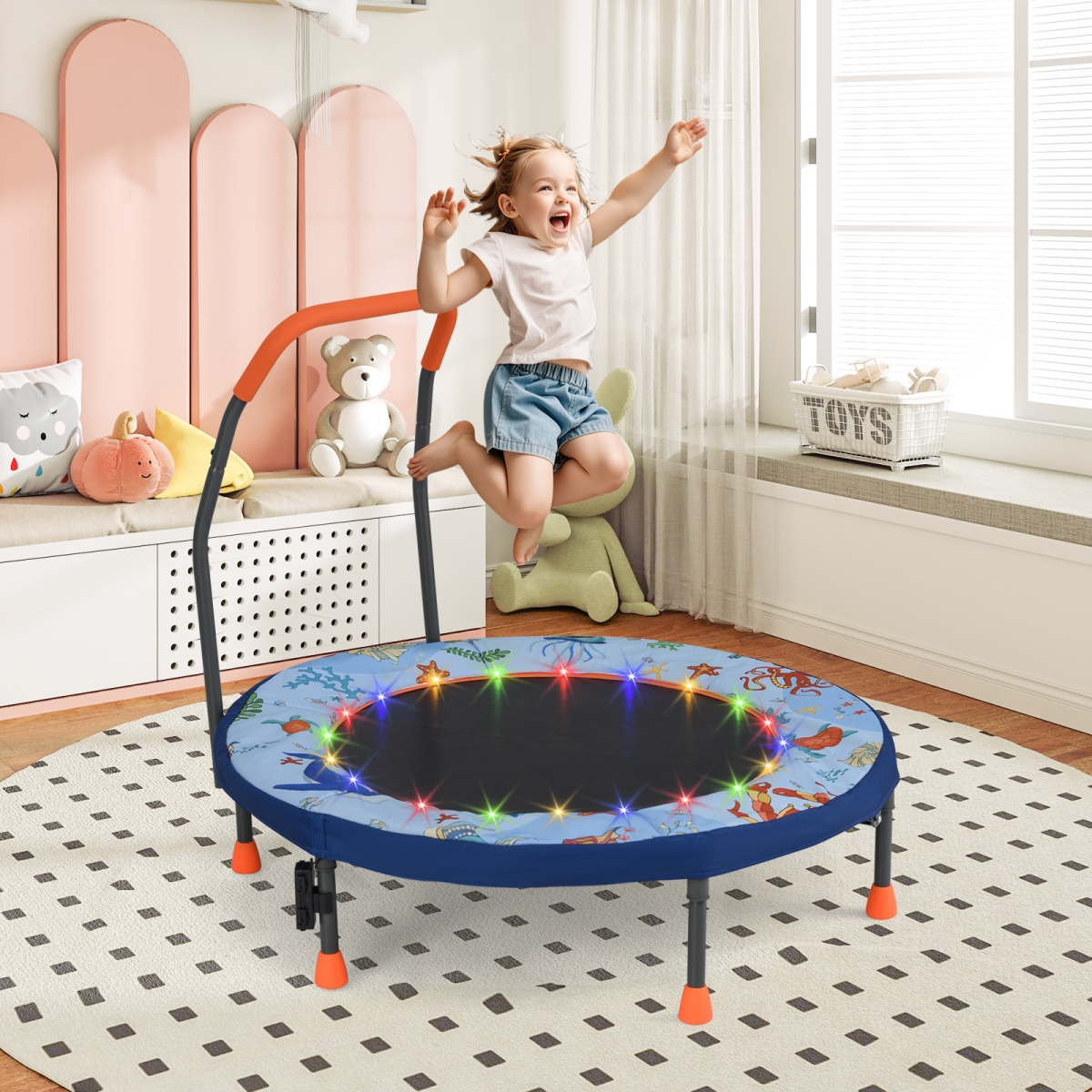 TW10119BL Mini Trampoline Folding Small Rebounder for Kids with Lights - Blue
