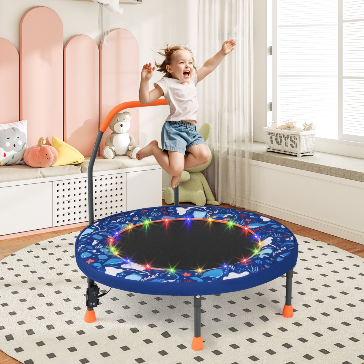 TW10119NY Mini Trampoline Folding Small Rebounder for Kids with Lights - Navy