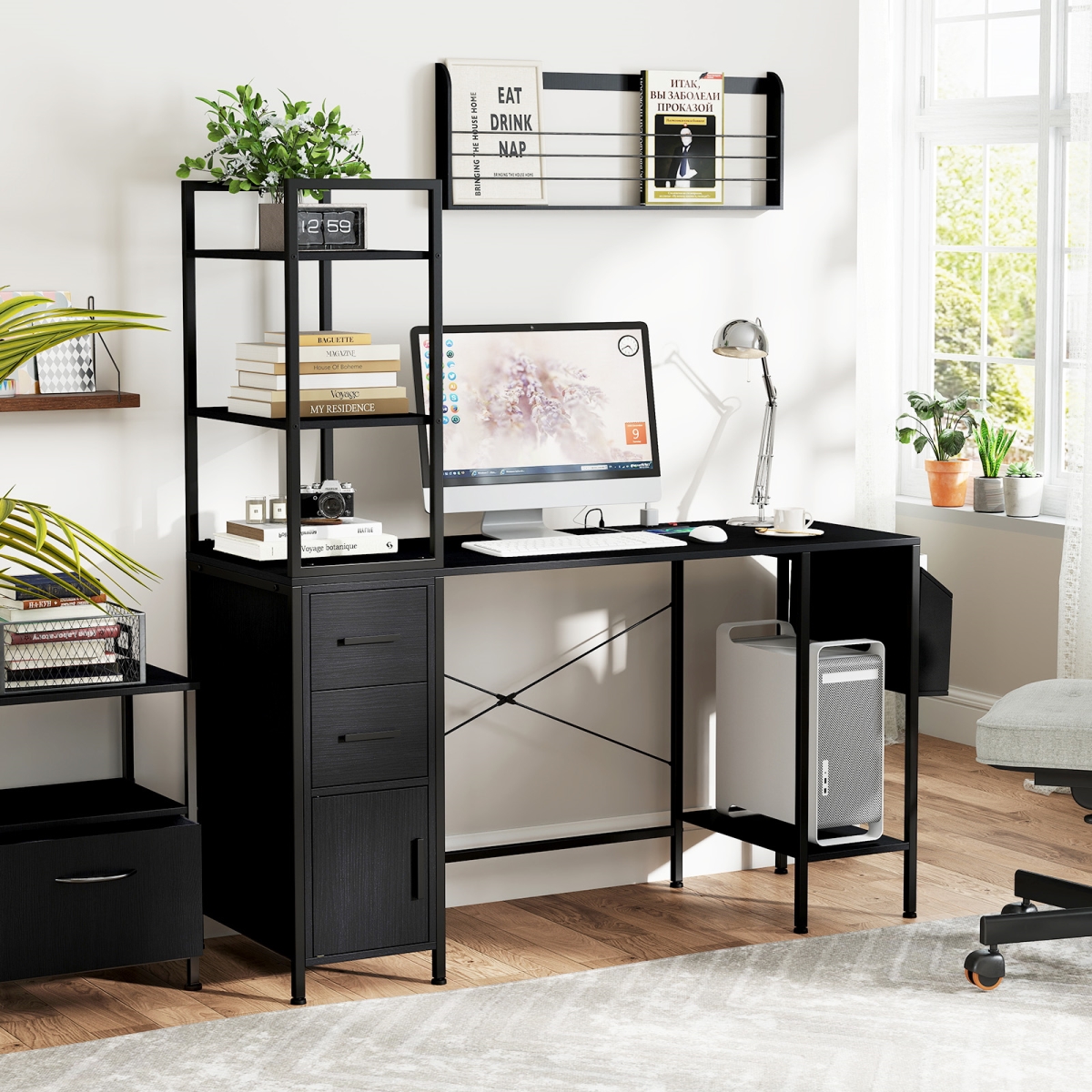 CB10593US-DK LED Lights & Power Outlets Computer Desk with Open Shelves - Black