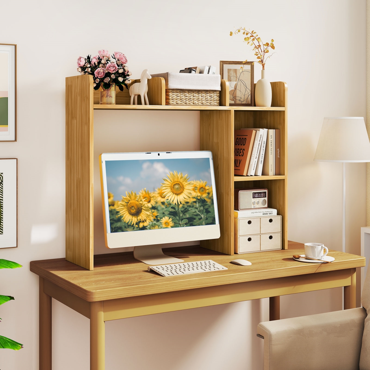 CB10654BE 3-Tier Multipurpose Desk Bookshelf with 4 Shelves - Beige