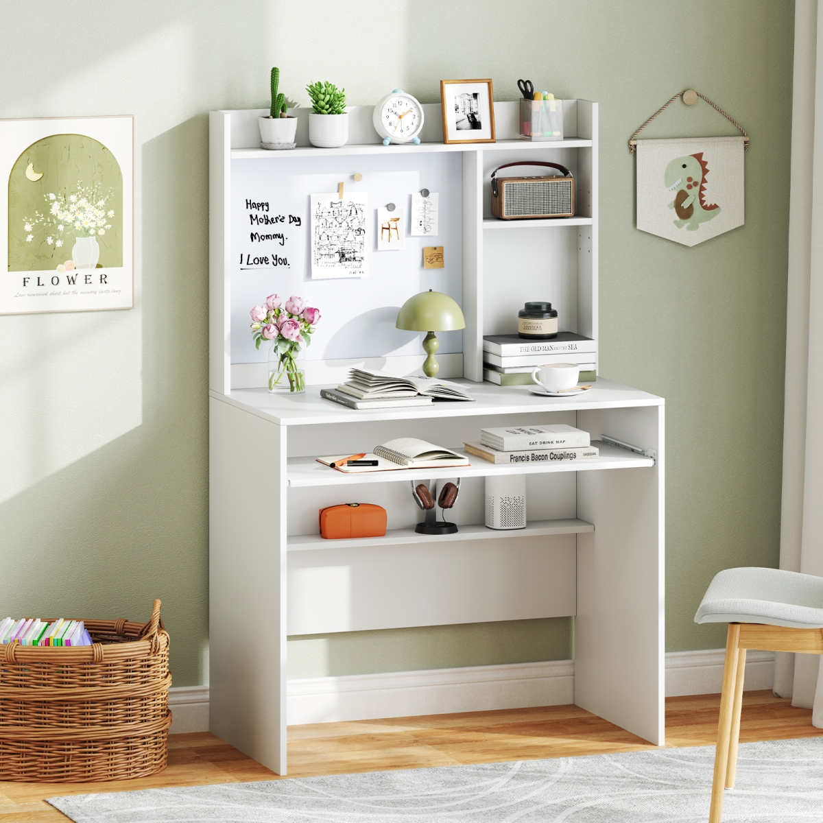 CB10812WH Compact Office Computer Desk with Hutch Magnetic Whiteboard - White