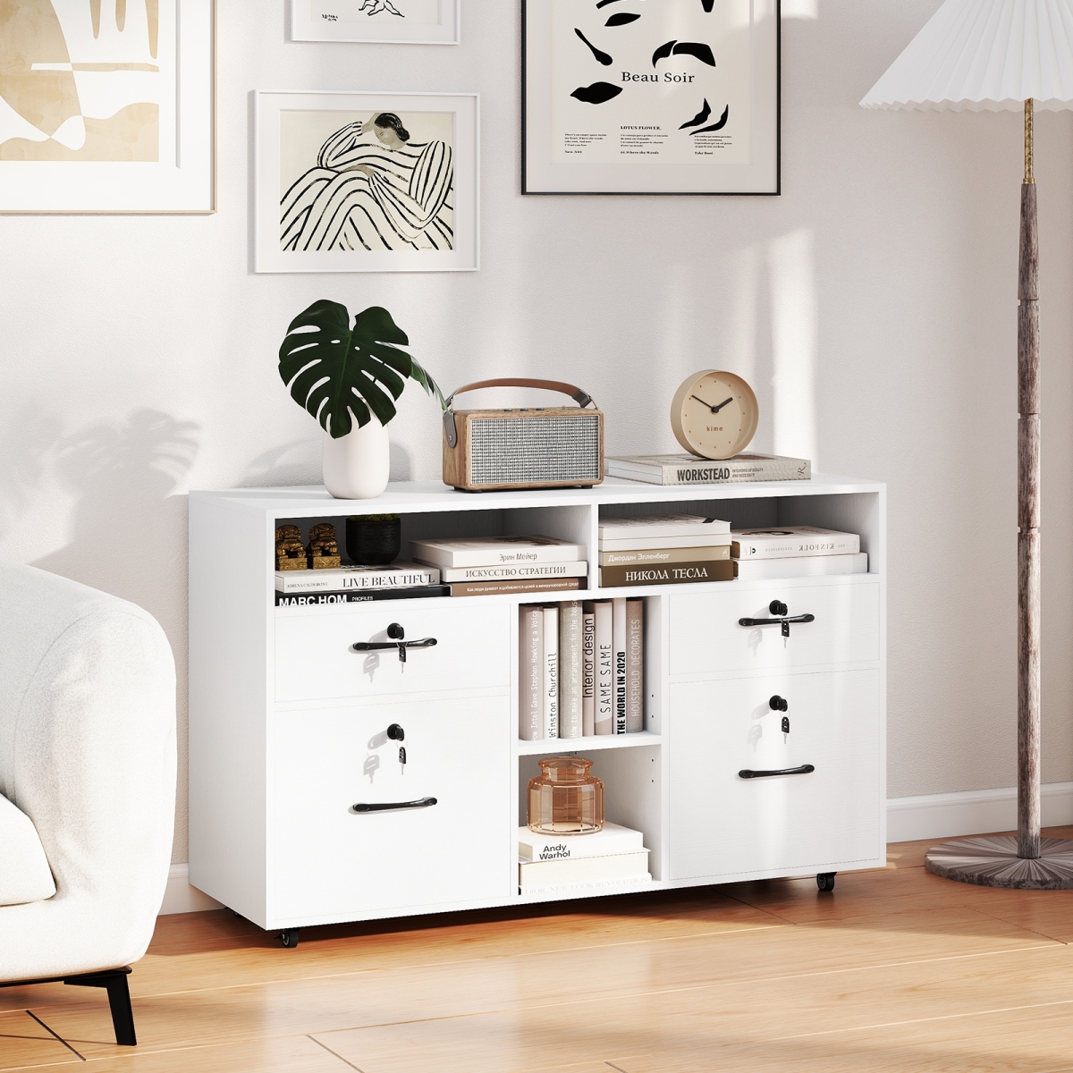 CB10903WH- File Cabinet with Lock Mobile Lateral Filing Storage Organizer Modern Rolling Printer Stand - White