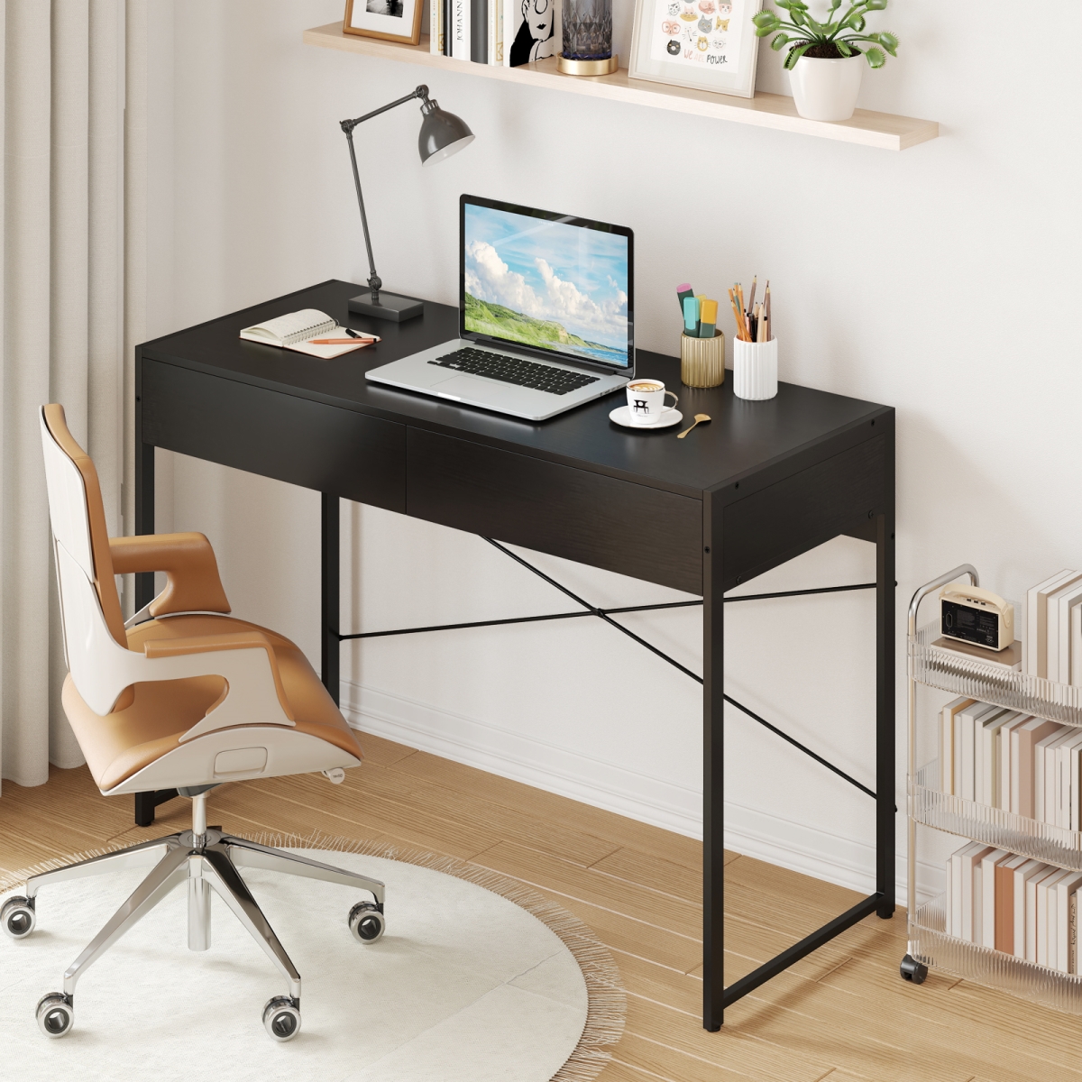 CB10929DK 2 Drawers 44 in. Home Office Desk with Metal Frame - Black