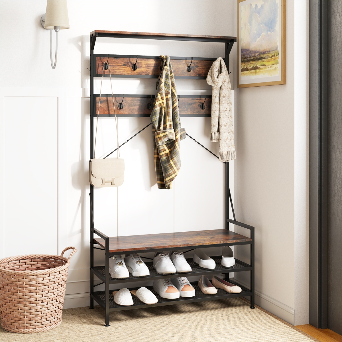 JV12021CF Coat Rack 4-In-1 Hall Tree with 11 Hanging Hooks Shoe Bench - Rustic Brown