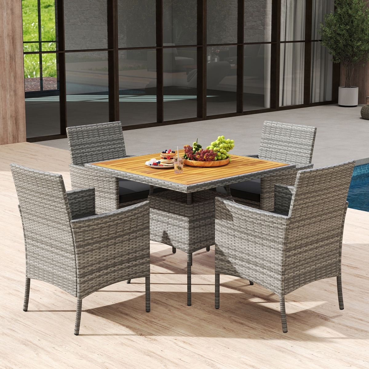 HW73807DK- PE Wicker Patio Dining Set with Outdoor Acacia Wood Table & Chairs - Black - 5 Piece