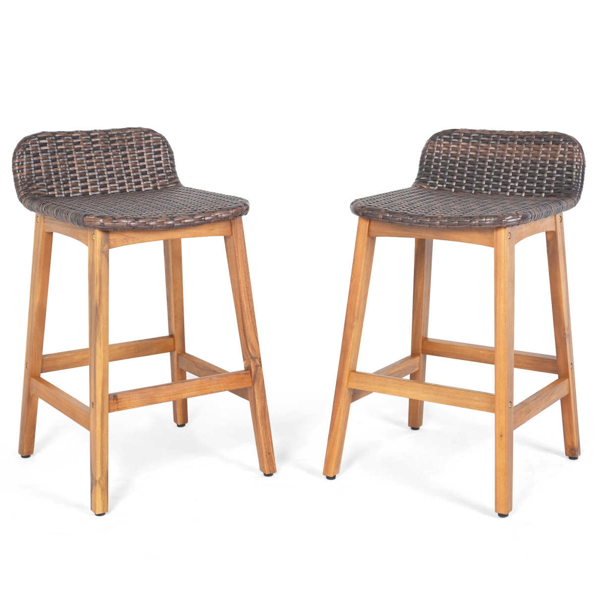 HW73977-2 Solid Acacia Wood Bar Stools with Backrests & Footrests for Porch - Brown - Set of 2