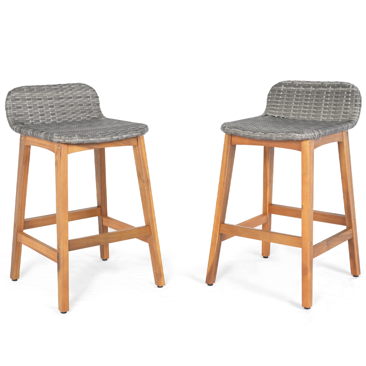 HW73978-2 Solid Acacia Wood Bar Stools with Backrests & Footrests for Porch - Gray - Set of 2