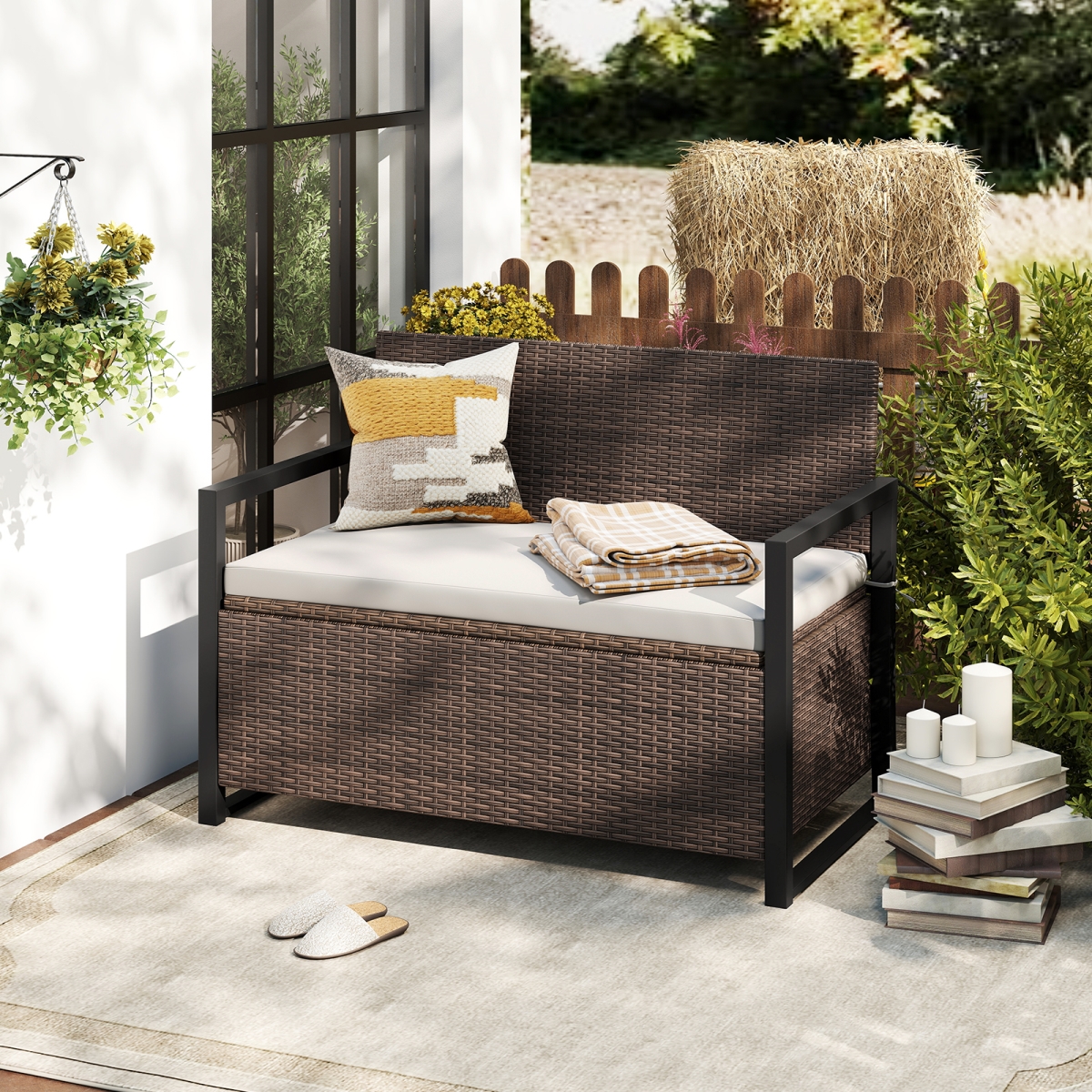 HW74047BN Patio Storage Bench - Mix Brown & Off White