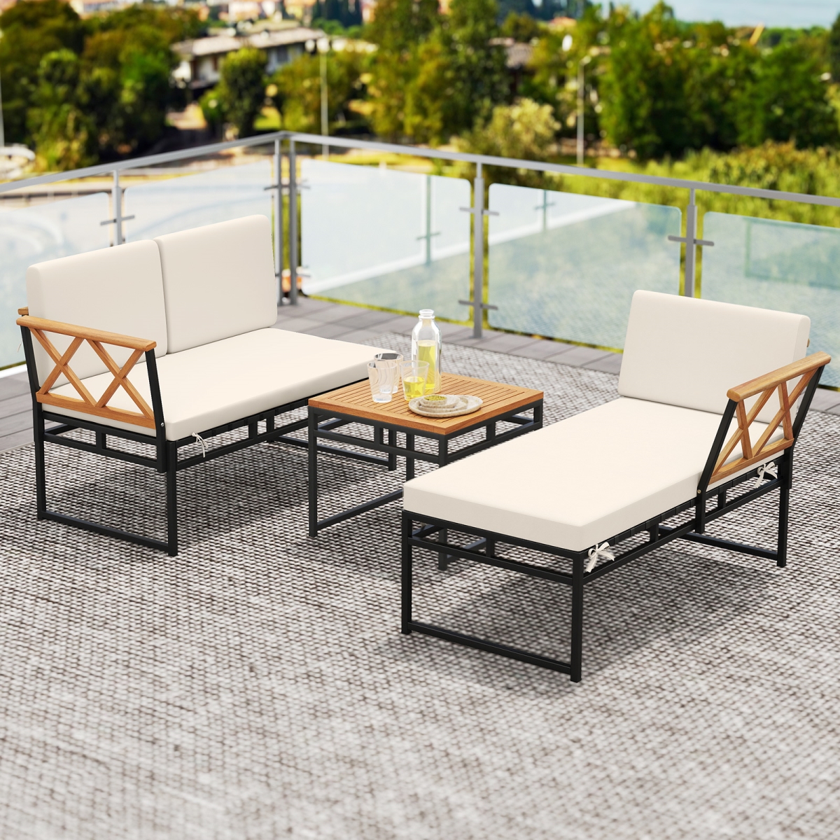 HW74060BN L-Shaped Patio Furniture Set for Porch Backyard & Poolside - Beige - 3 Piece