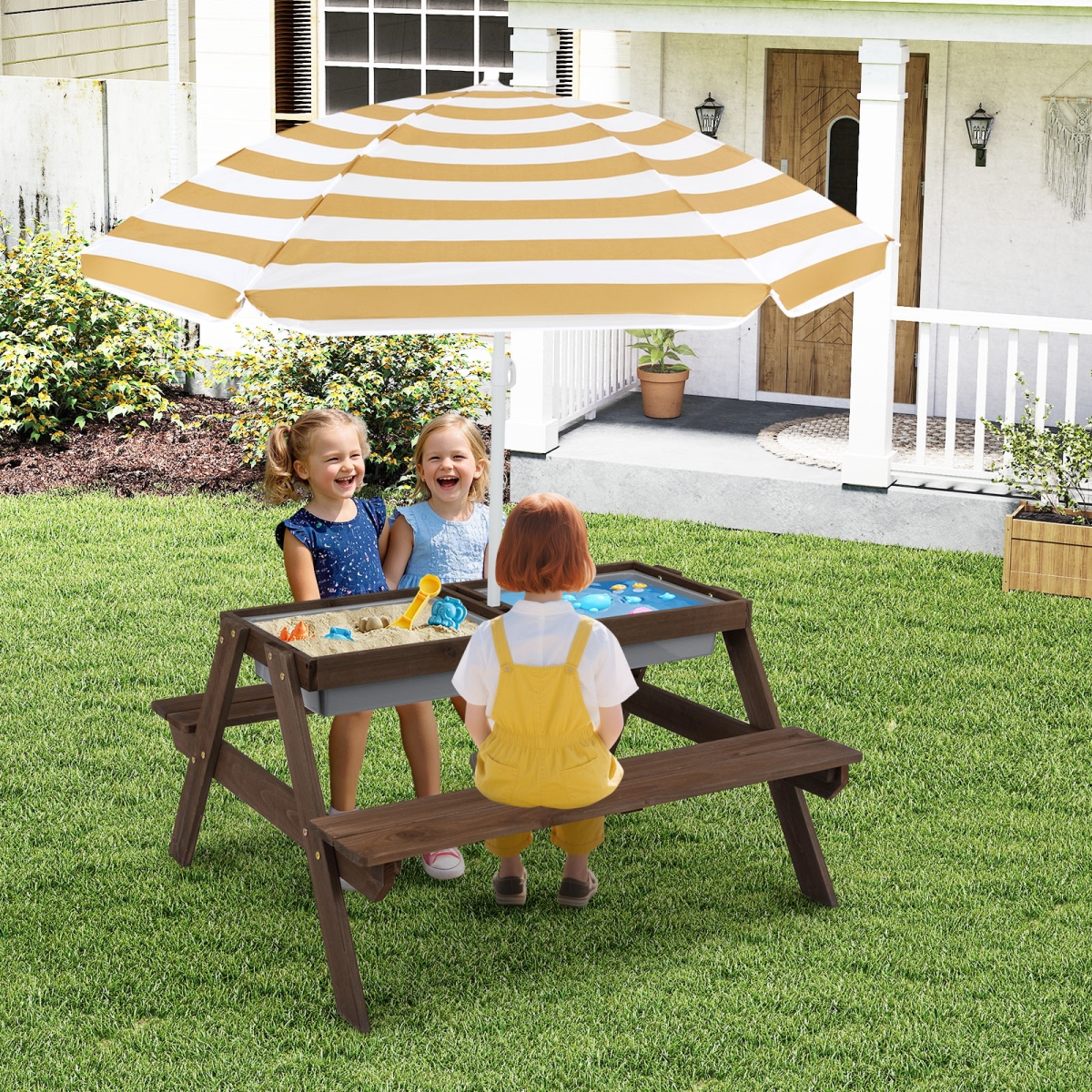 HY10008ZS 3-in-1 Kids Outdoor Picnic Water Sand Table with Removable Umbrella & Boxes - Coffee