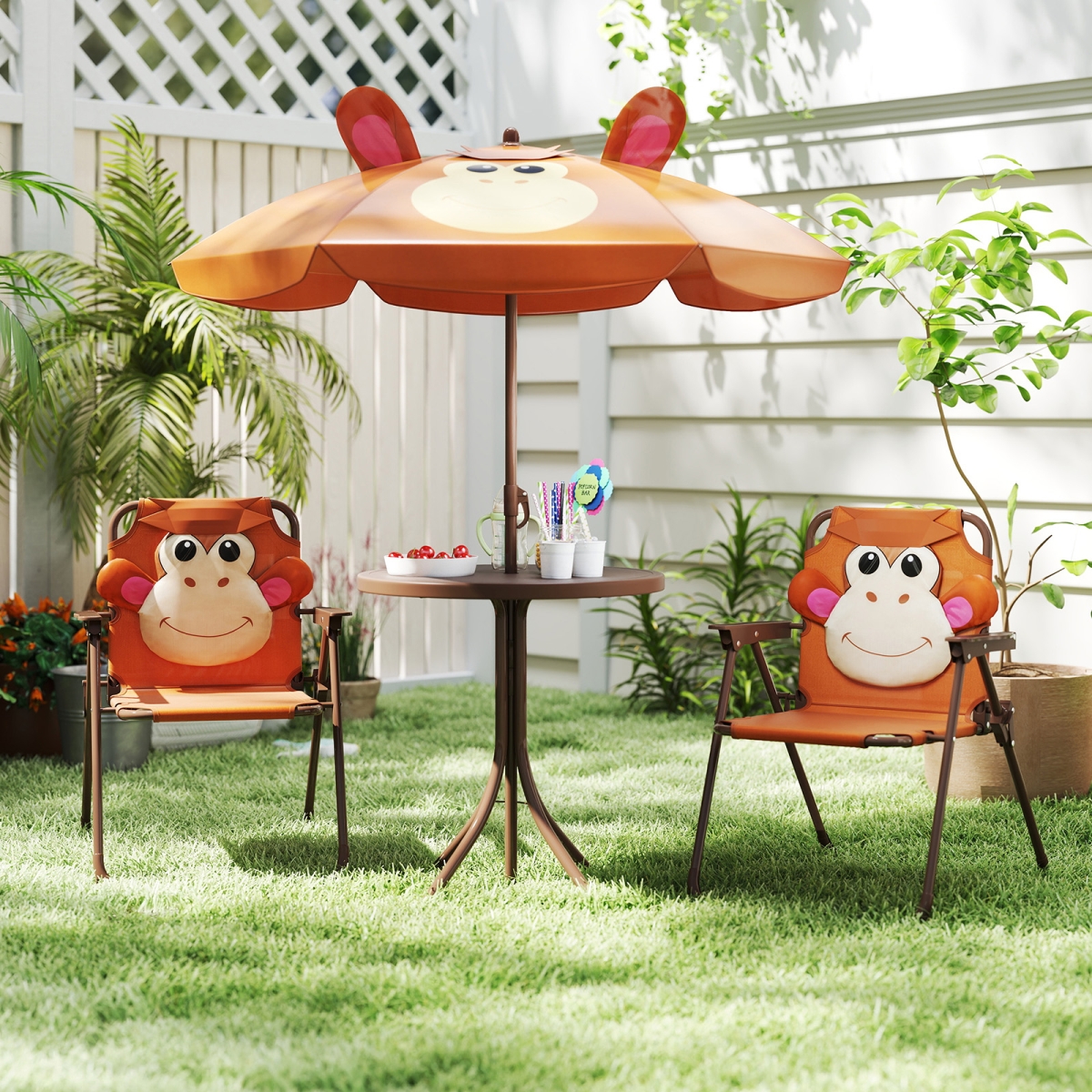 NP12143BN Kids Picnic Set with 2 Folding Chairs & Height Adjustable Umbrella - Brown - 4 Piece