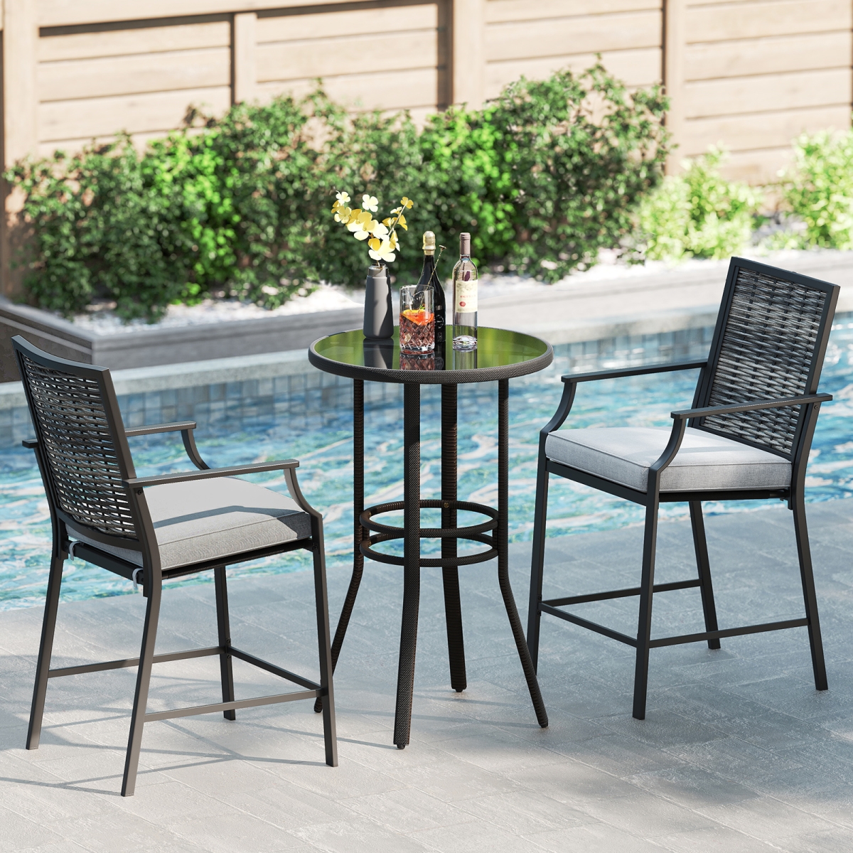 NP12164GR-2 Patio Bar Stools Counter Height Rattan Bar Chairs with Armrest - Grey - Set of 2