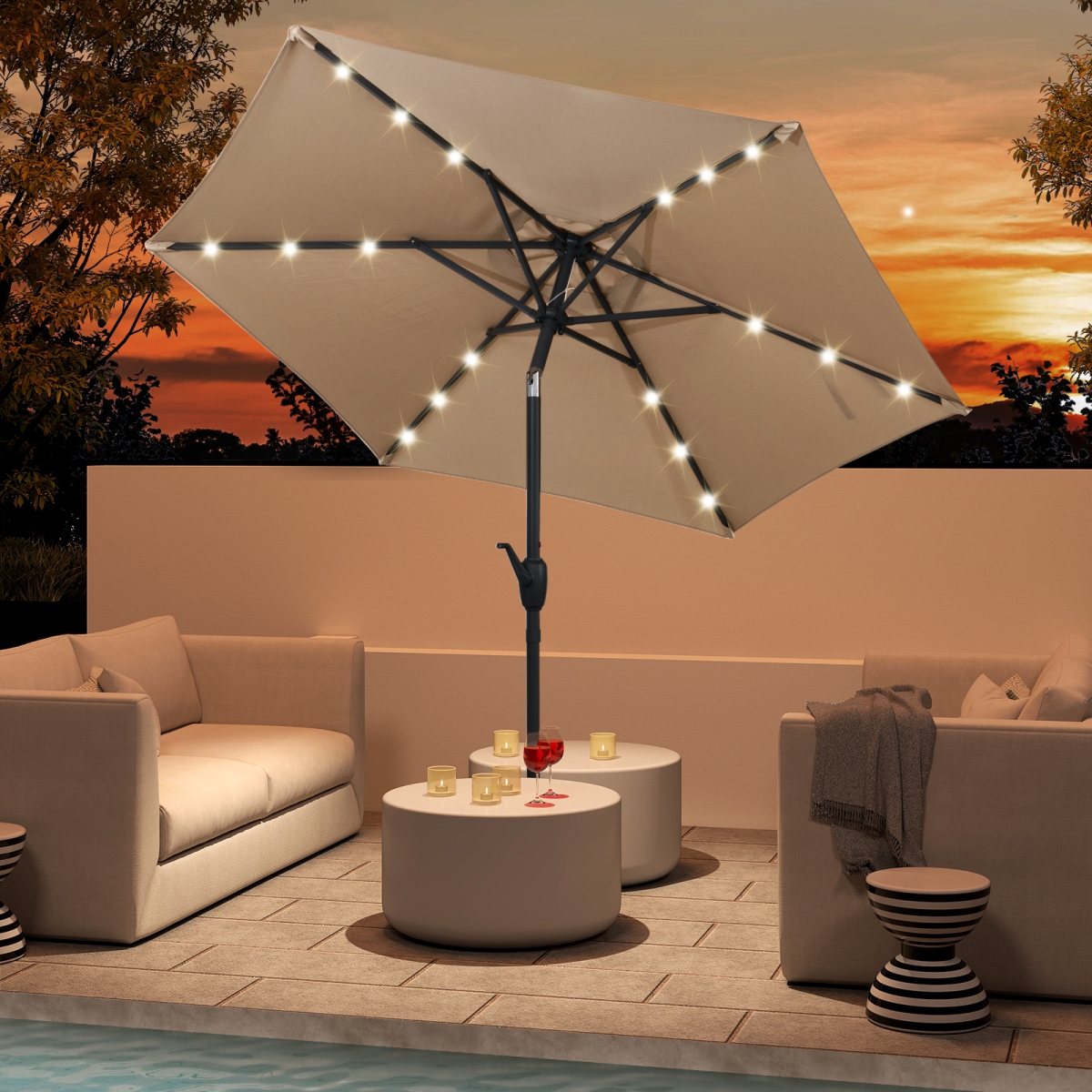 NP12190BE 7.5 ft. Solar Powered Patio Umbrella with LED Lights & Crank Handle - Beige