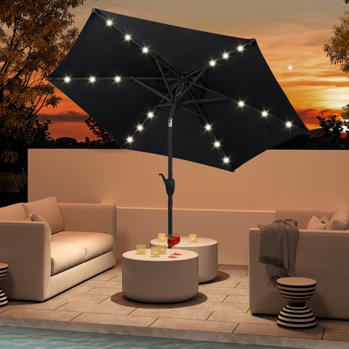 NP12190BK 7.5 ft. Solar Powered Patio Umbrella with LED Lights & Crank Handle - Black