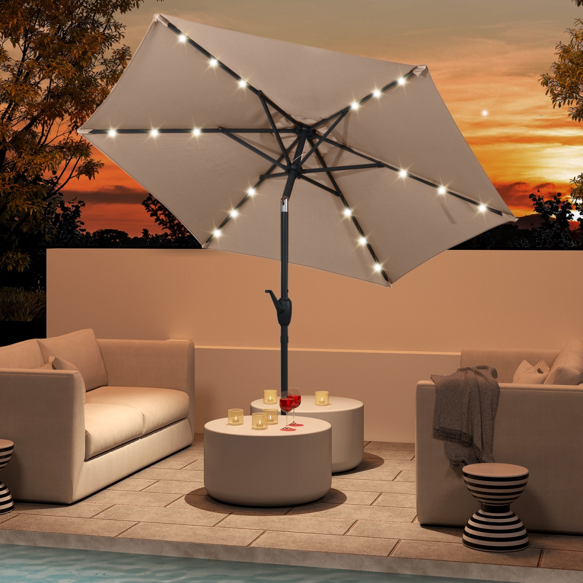 NP12190TN 7.5 ft. Solar Powered Patio Umbrella with LED Lights & Crank Handle - Tan