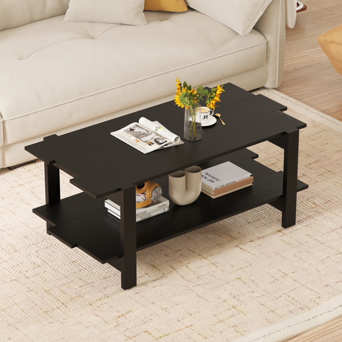 JV12564DK 2-Tier Coffee Table Slatted Wood Center Table with Storage Shelf - Black