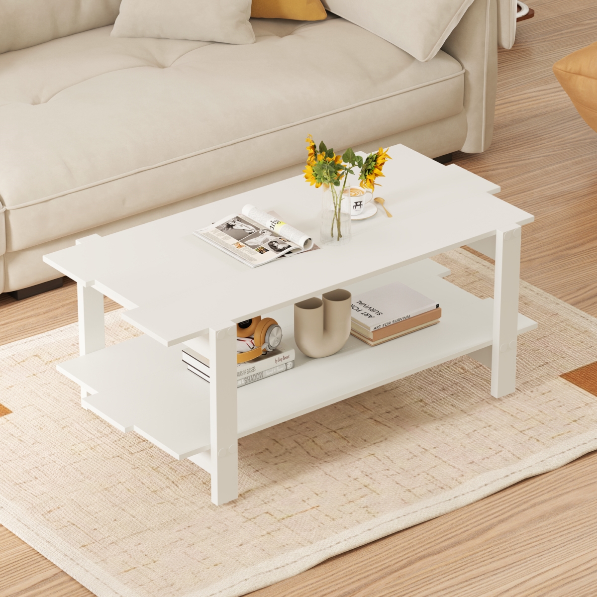 JV12564WH 2-Tier Coffee Table Slatted Wood Center Table with Storage Shelf - White