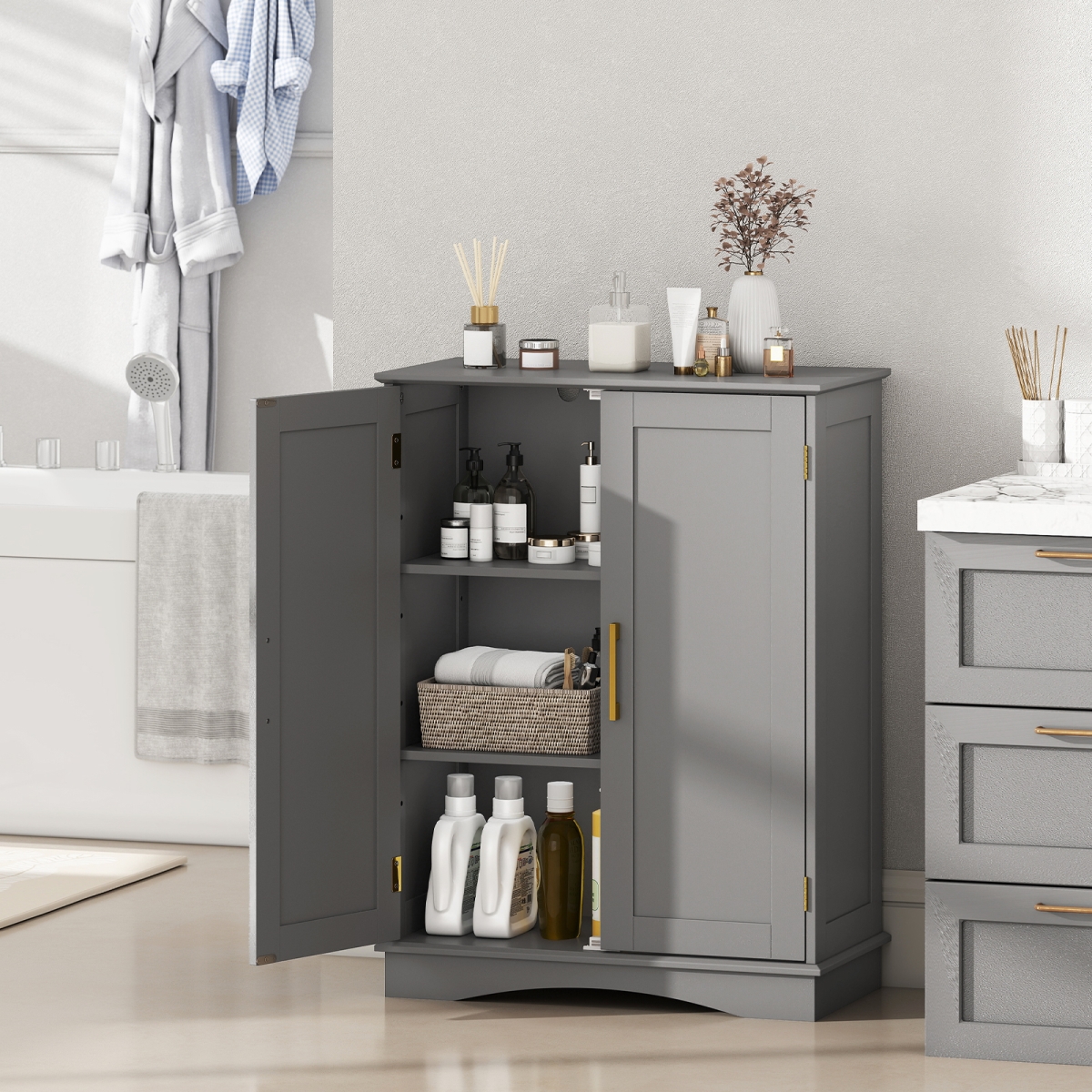 JV12614GR Bathroom Floor Storage Cabinet with 2 Doors & Adjustable Shelves - Gray