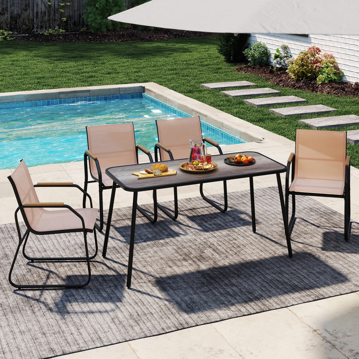 NP12243CF- Patio Dining Set with Rectangular Table & Fabric Chairs - Brown - 5 Piece