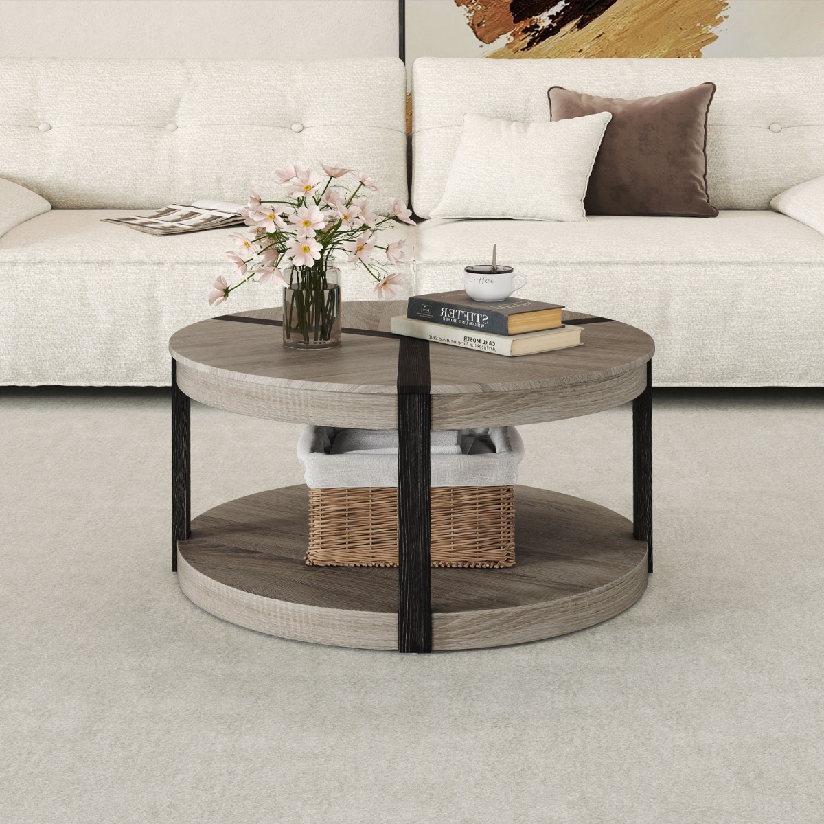 JV12667GR 34.5 in. Rubber Wood 2-Tier Round Center Table with Spacious Tabletop & Storage Shelf - Gray
