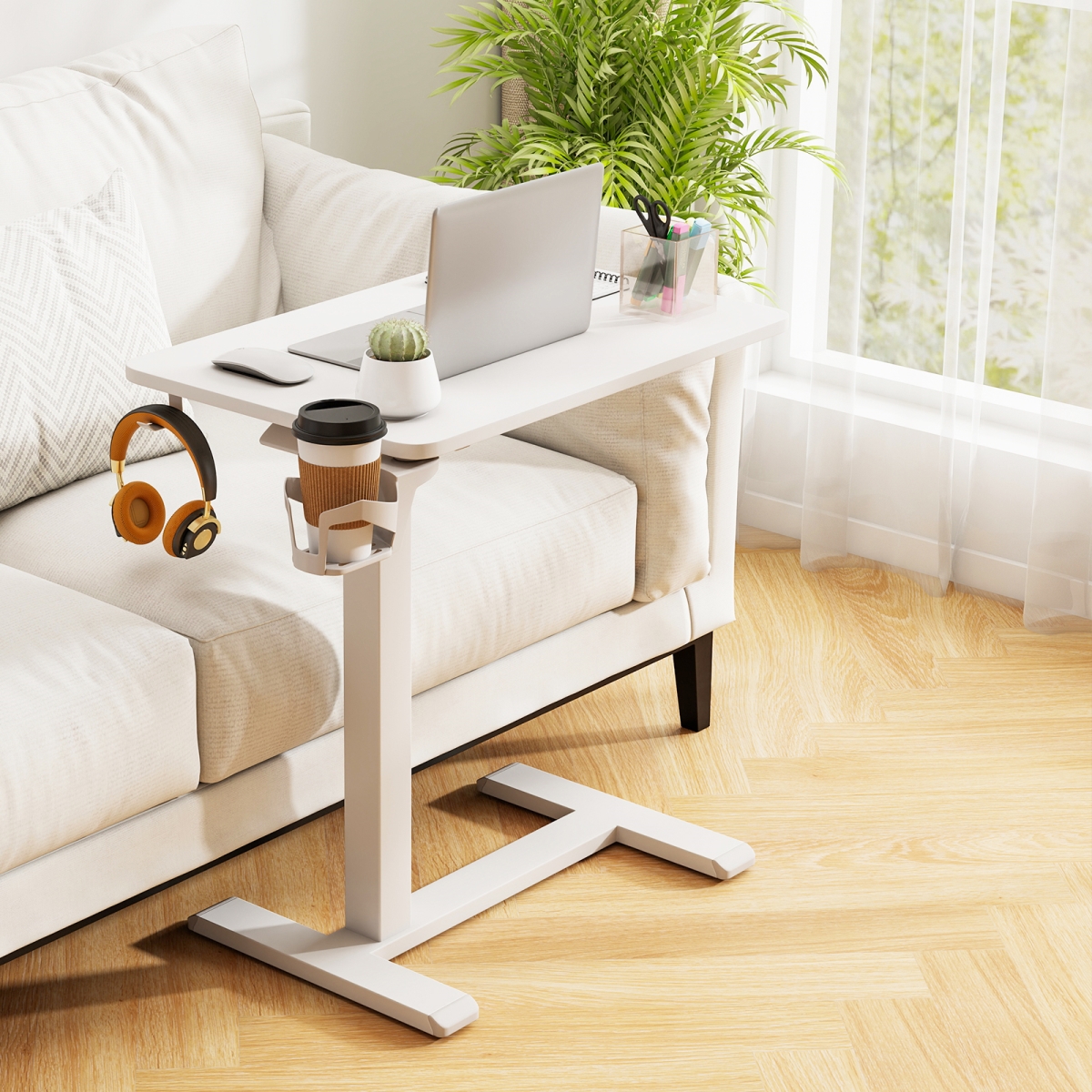 JV12724WH Mobile Standing Desk Height Adjustable Overbed Bedside Table with Cup Holder - White