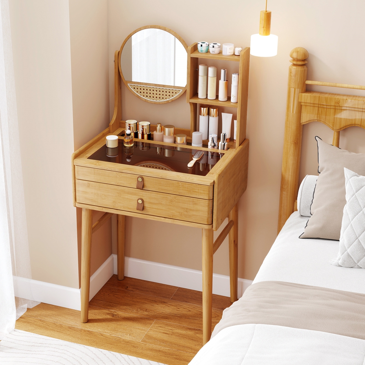 JV12757NA Small Vanity Desk 23.5 in. Compact Makeup Table with Mirror - Natural