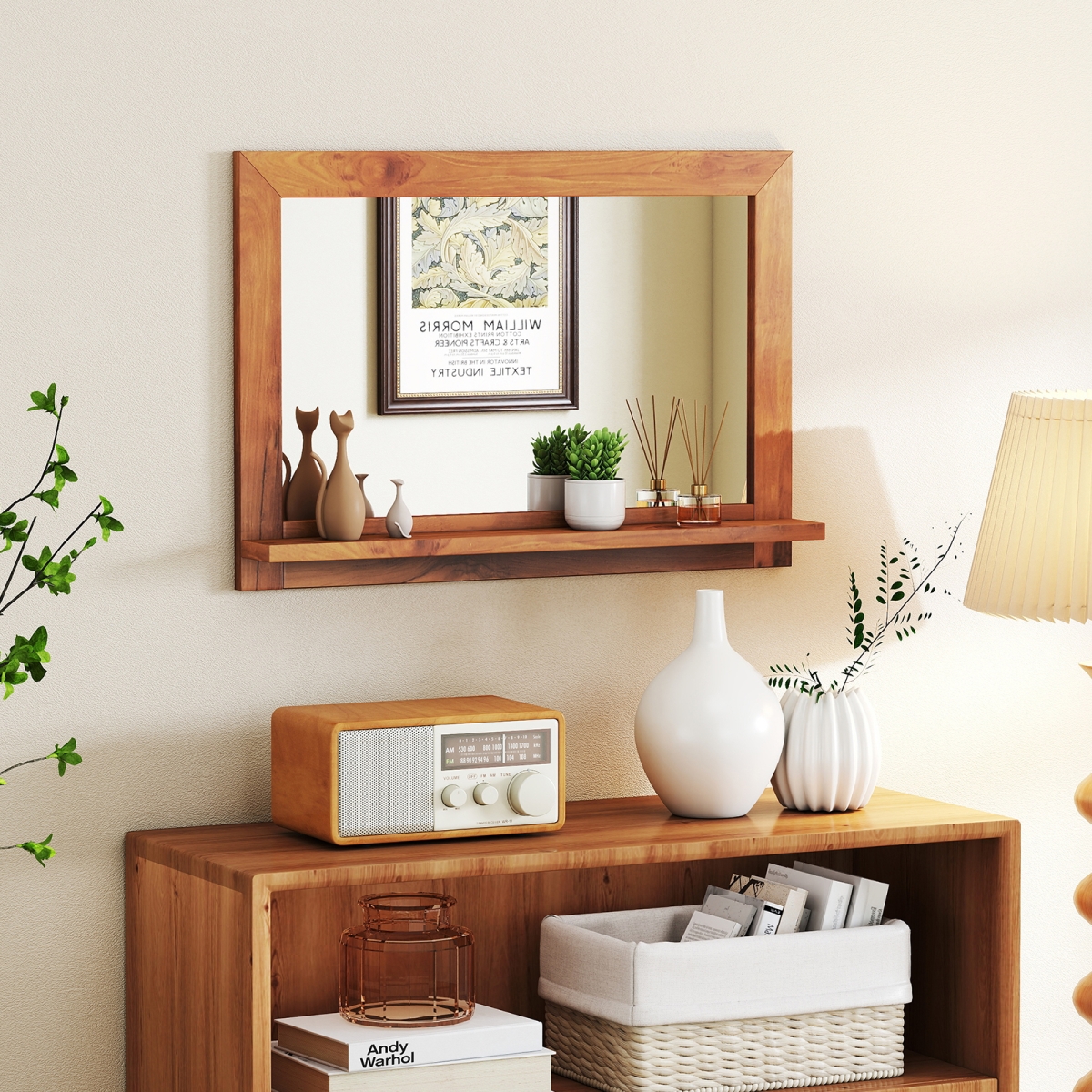 JV12382 Farmhouse Wall Mirror with Shelf & Teak Wood Frame