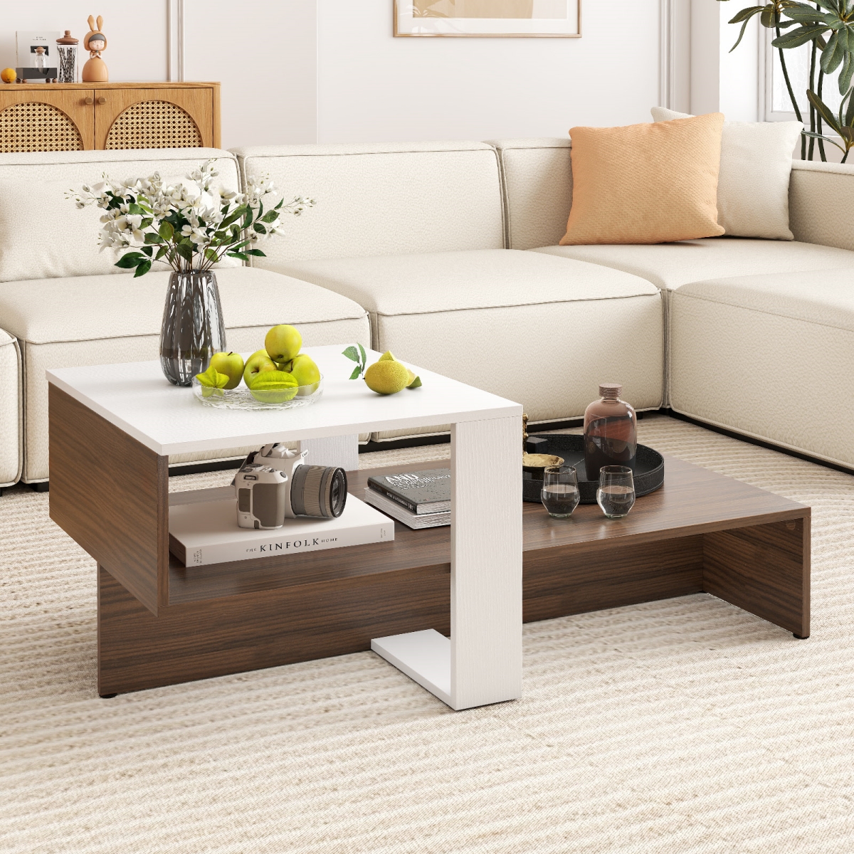 JV12449WT 2-Tier Geometric Coffee Table with Storage Shelves for Living Room & Reception Room - White & Brown
