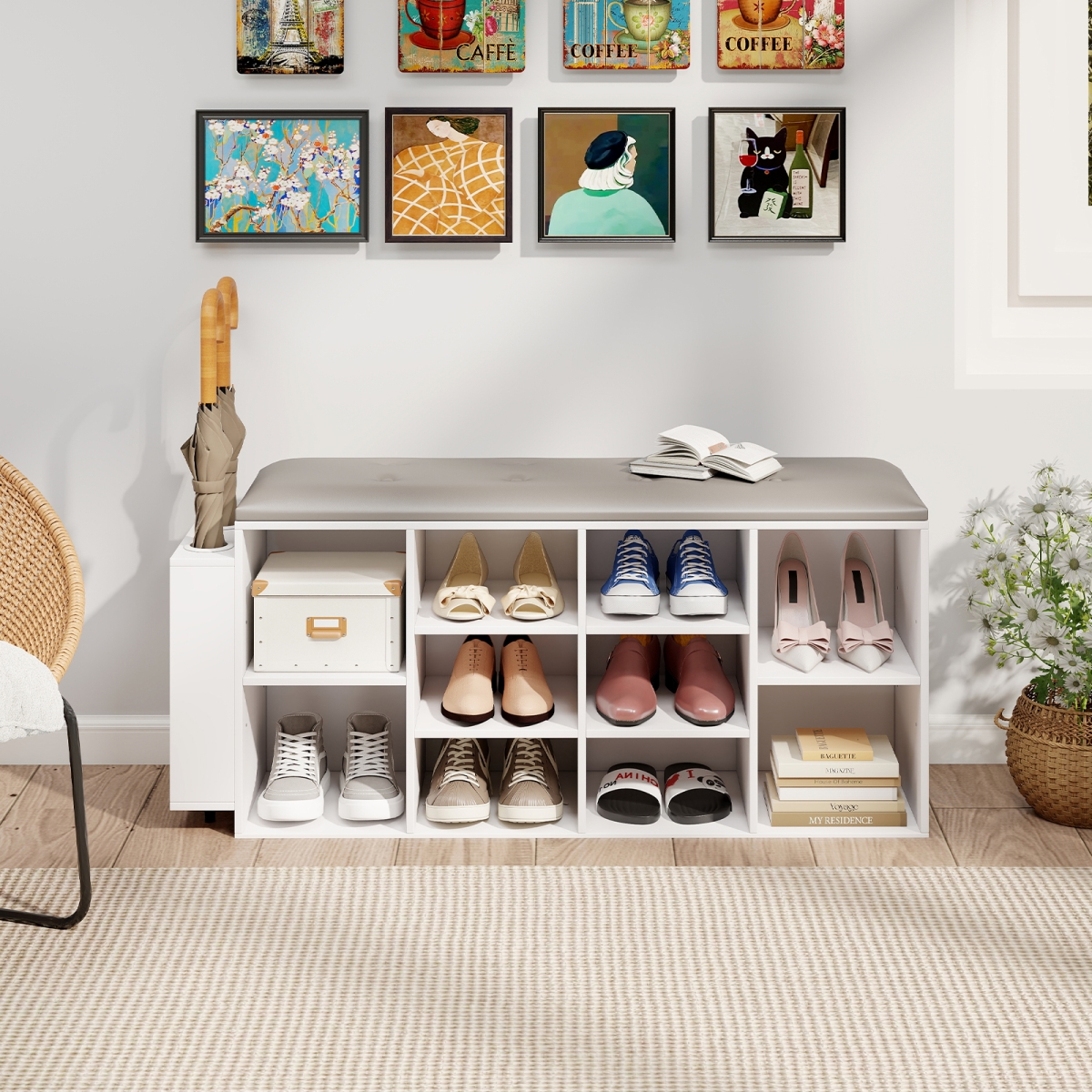 JV10876WH Shoe Storage Bench with Umbrella Stand & Adjustable Shelf - White