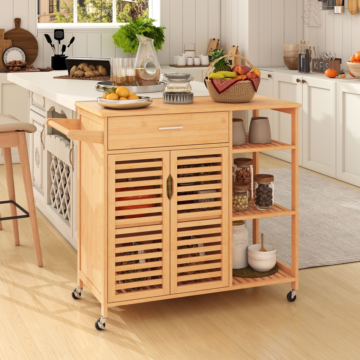 KC57872NA Kitchen Island Cart on Wheels with Sturdy Bamboo Frame - Natural