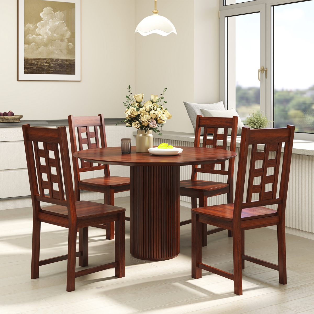 KC58188WN Wooden Dining Chairs Kitchen Chair with Solid Rubber Wood Frame - Walnut - Set of 2