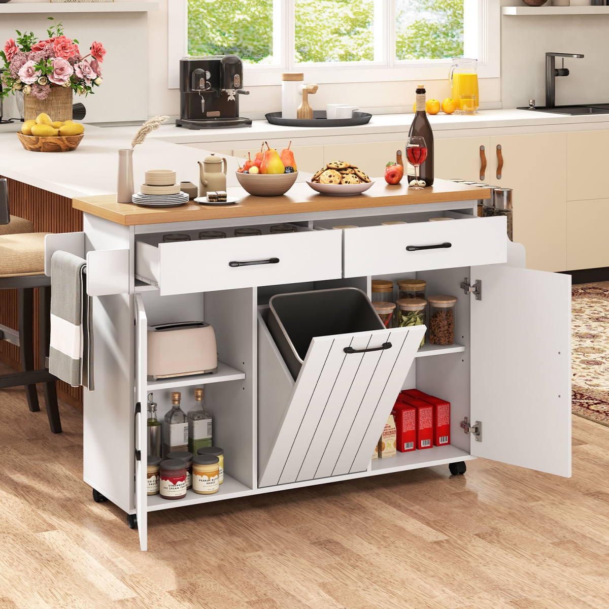 KC58362US-WH Mobile Kitchen Island Table with Trash Bag Storage for Dining Room - White