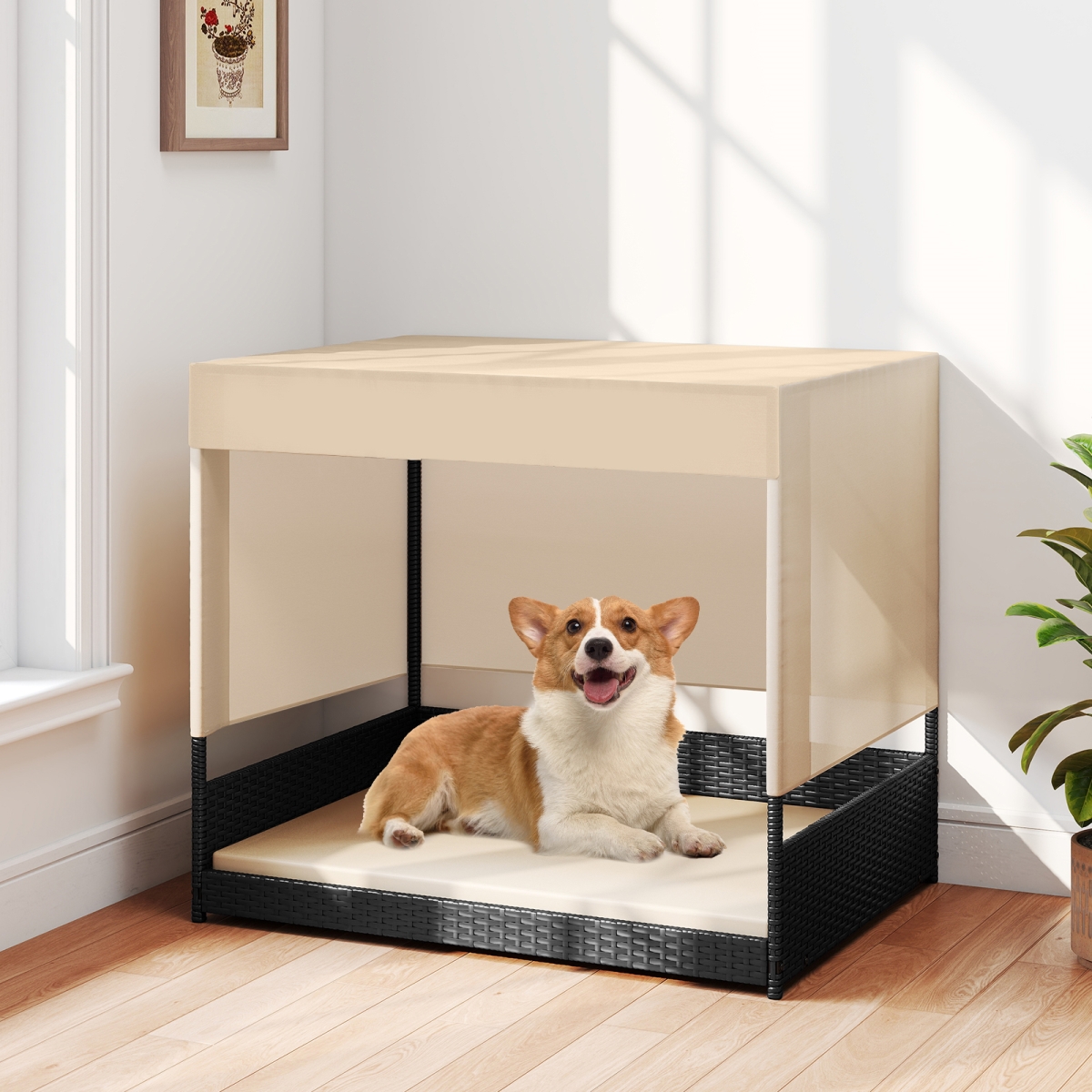 PU10067BK Elevated Wicker Dog House for Small to Medium Breeds - Black