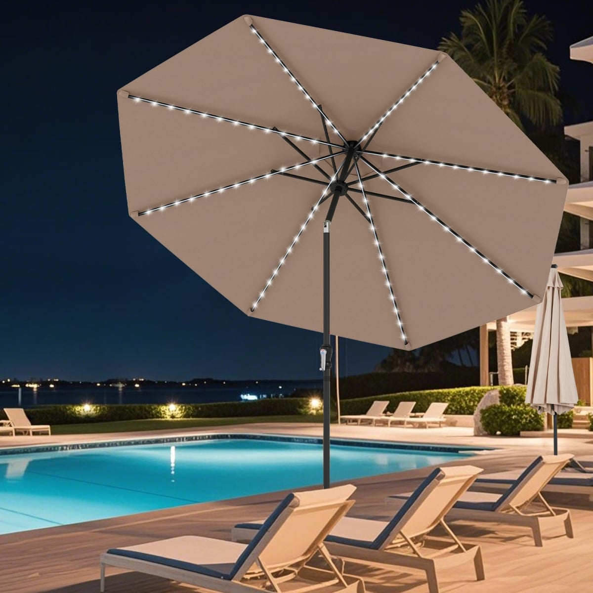 NP12388CF 10 ft. Solar Patio Umbrella with 96 Multi-Colored Flowing LED Lights & Tilt Adjustment - Coffee