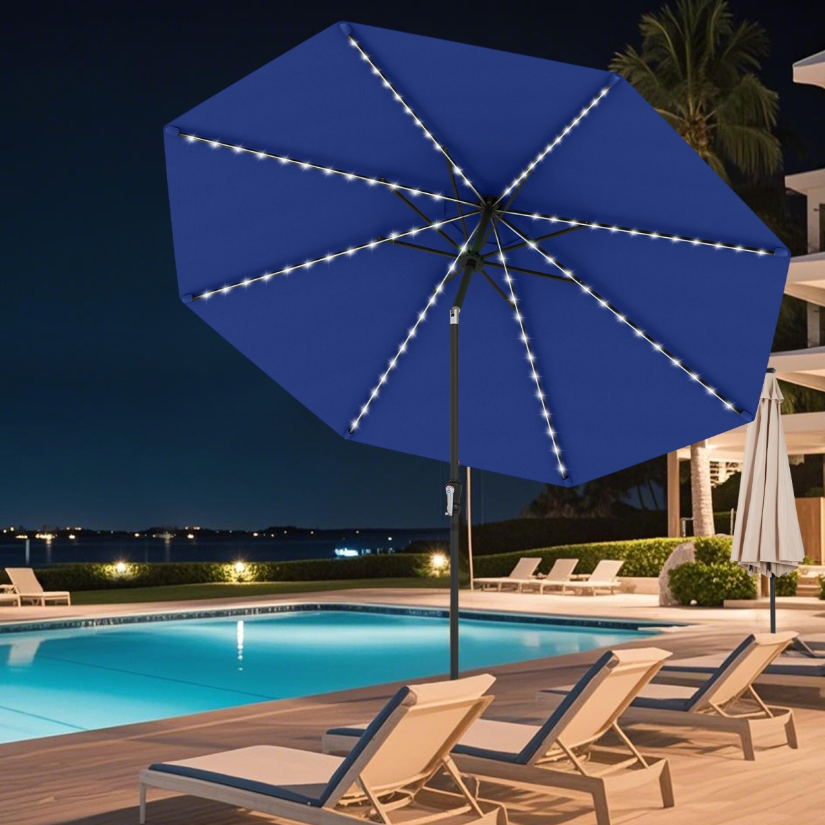NP12388NY 10 ft. Solar Patio Umbrella with 96 Multi-Colored Flowing LED Lights & Tilt Adjustment - Navy