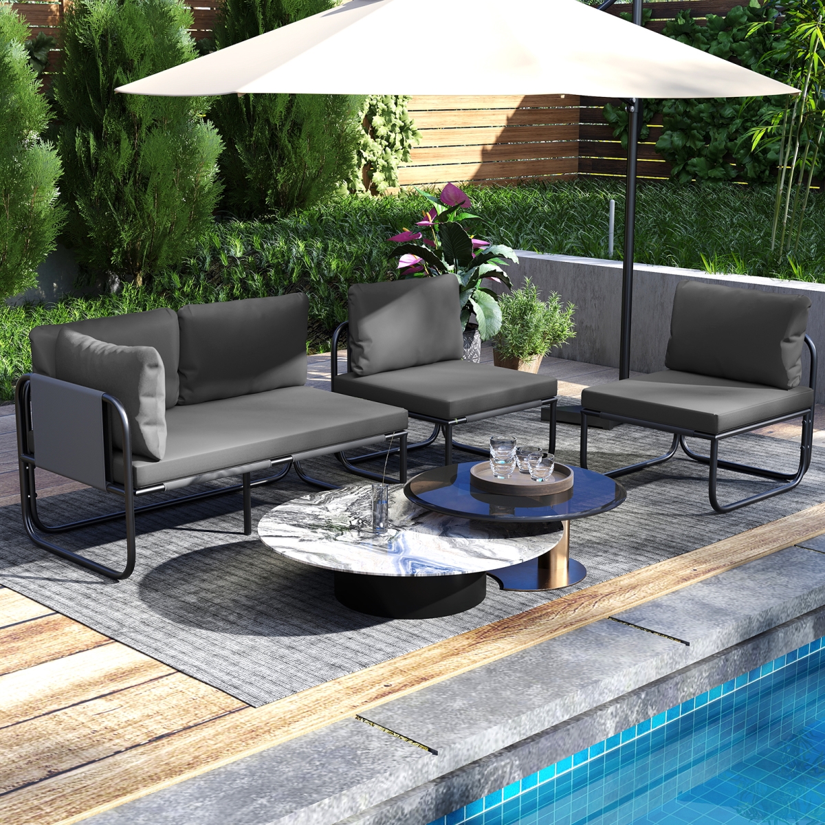 NP12416GR Patio Loveseat Sofa Couch with Removable Pillows & Seat Cushion - Gray