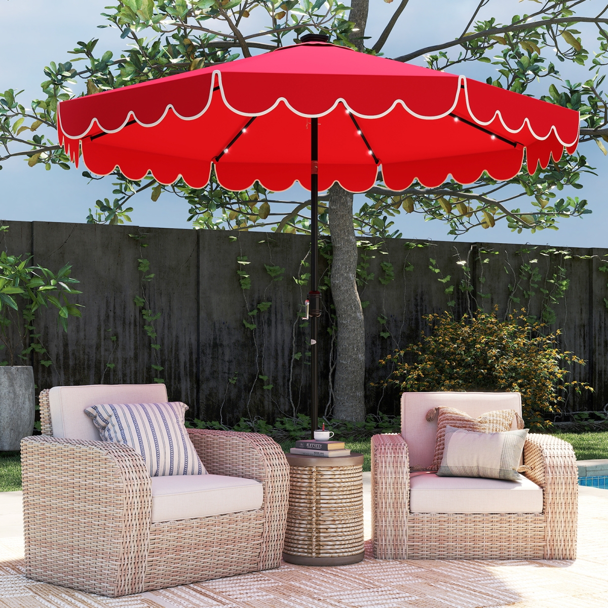 NP12427WN 10 ft. Solar Patio Umbrella with 24 LED Lights - Red