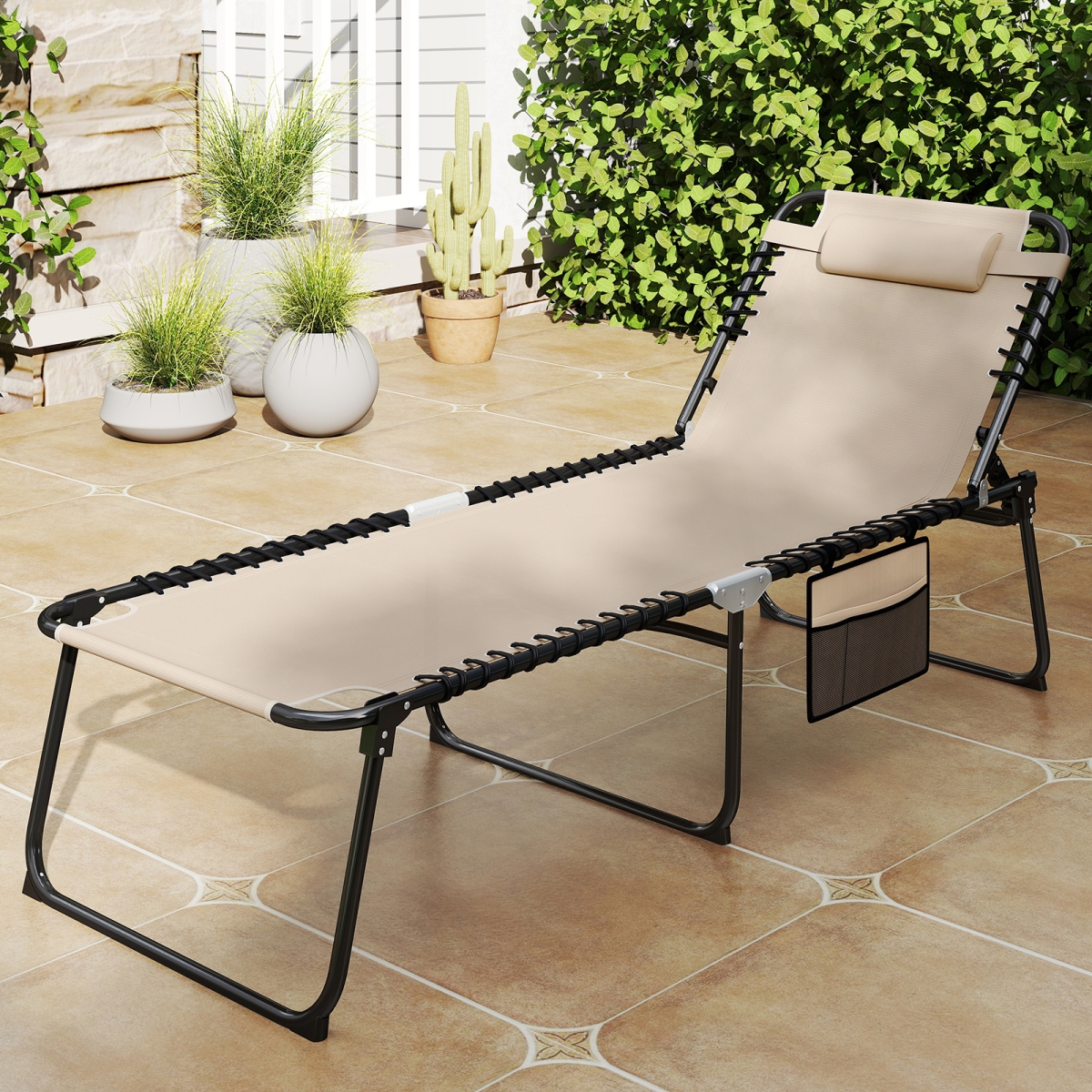 NP11700MS 4 Position Folding Lounge Chaise with Adjustable Backrest & Footrest - Beige