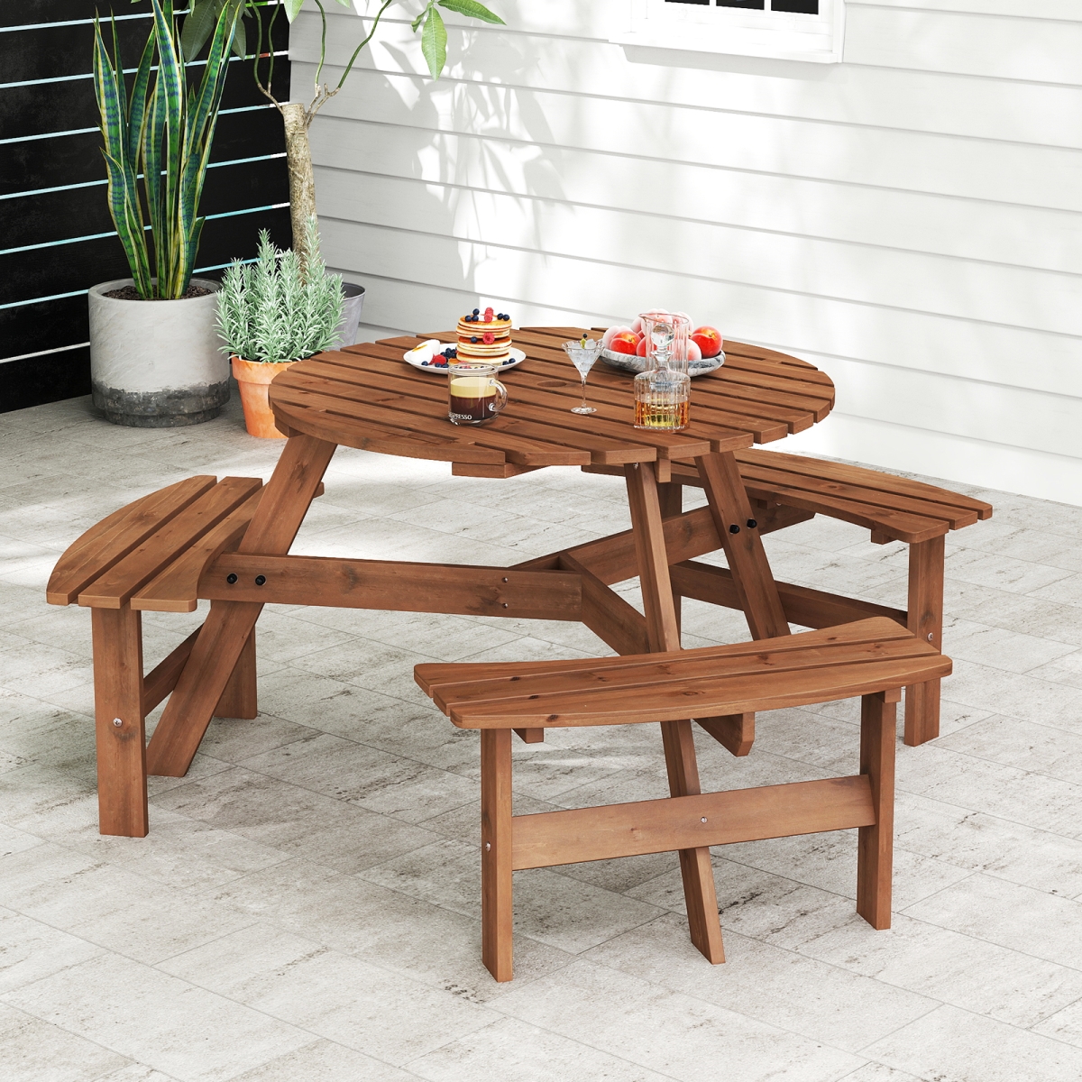 NP12320BN 6-Person Round Picnic Table Set with 3 Built-in Benches & Umbrella Hole - Brown