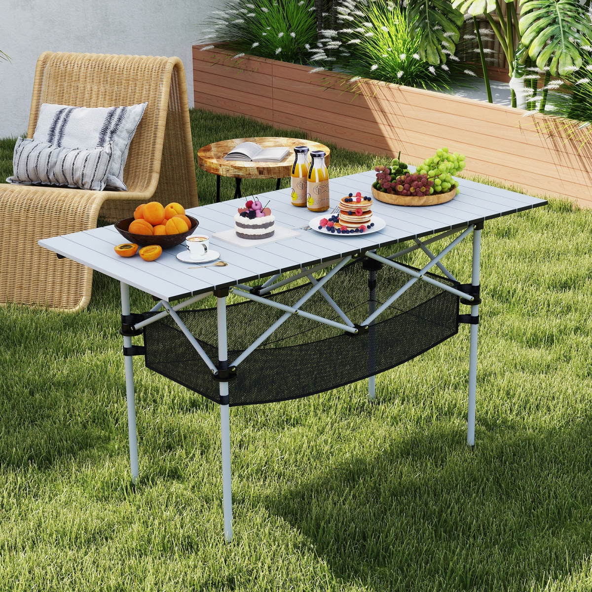 NP12348SL Patio Folding Camping Table with Roll-Up Tabletop & Mesh Basket - Silver
