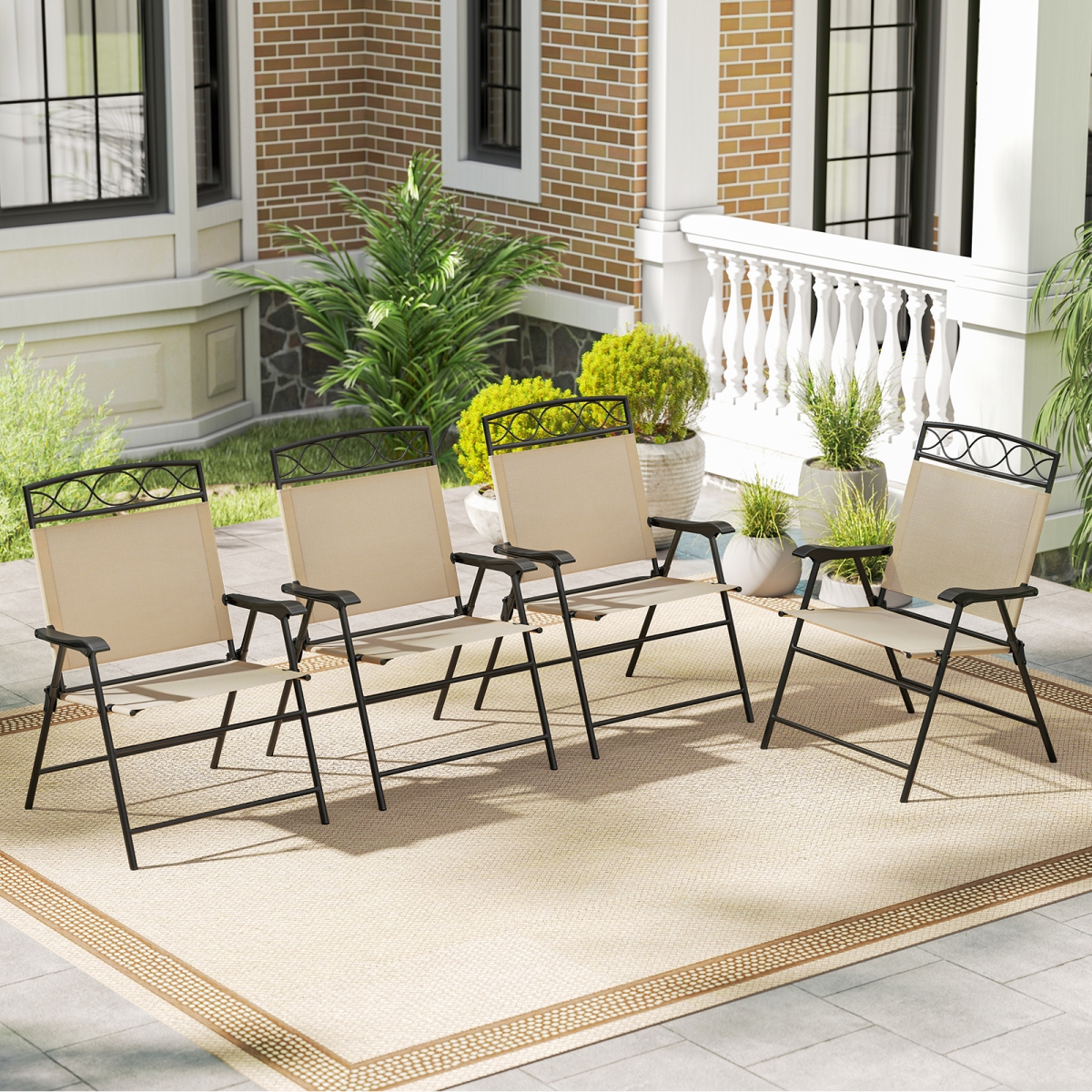 NP12429BE-4 Patio Folding Dining Chairs with Armrests - Beige - Set of 4