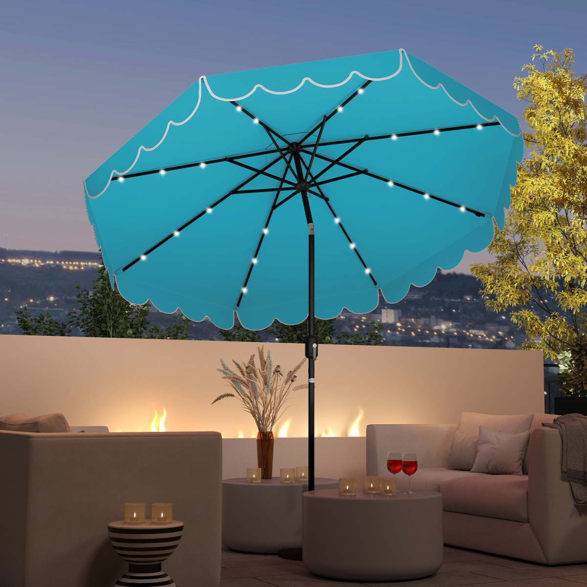 NP12472TU 9.3 ft. Solar Patio Umbrella with 24 LED Lights Vented Top & Ruffles - Turquoise