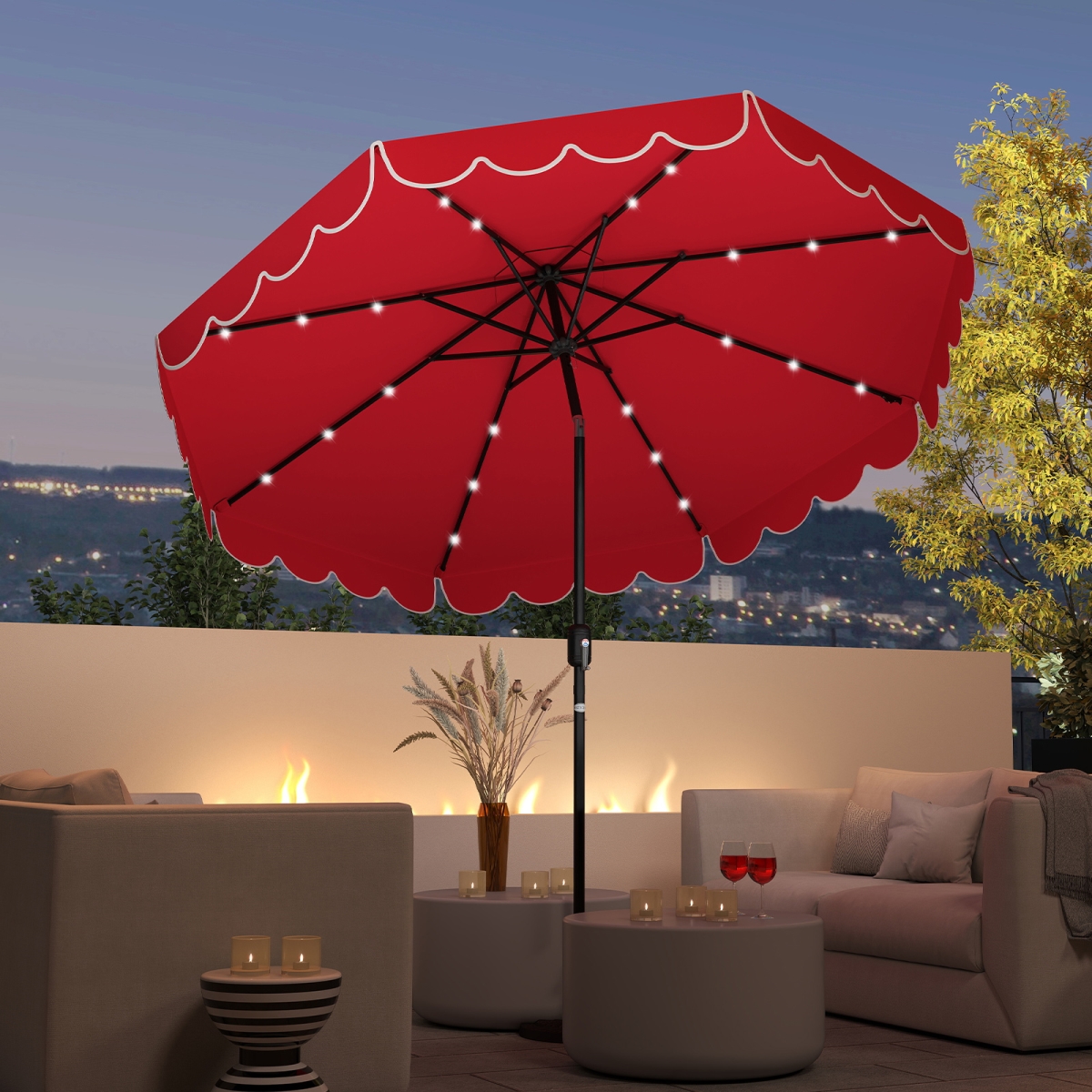 NP12472WN 9.3 ft. Solar Patio Umbrella with 24 LED Lights Vented Top & Ruffles - Red