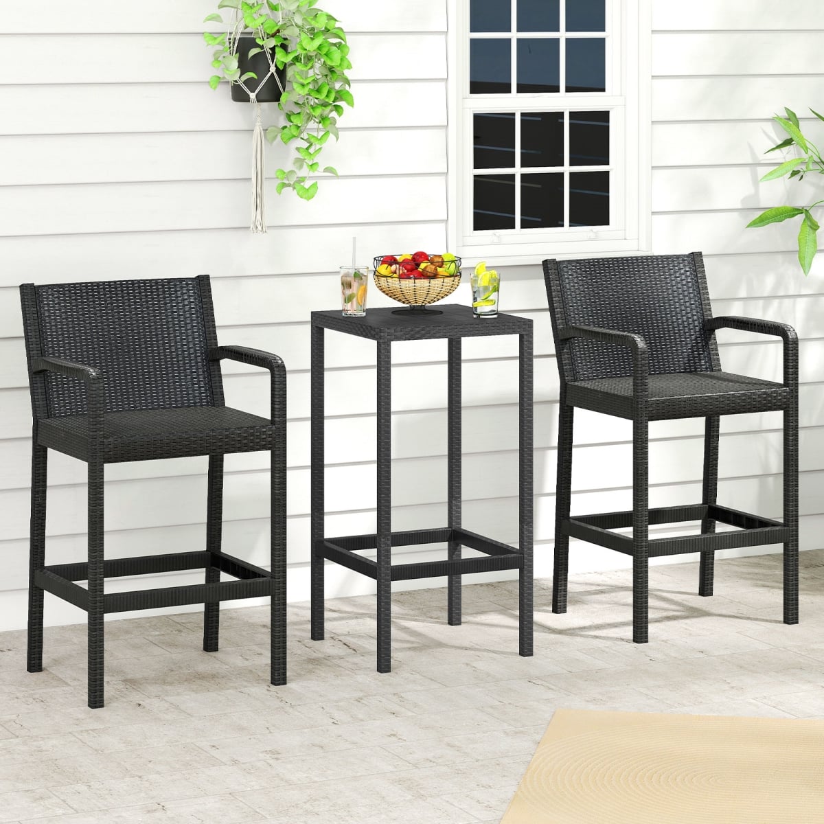 NP12480BK Patio Bar Set with 2 Stools & 1 Bar Table - Black - 3 Piece