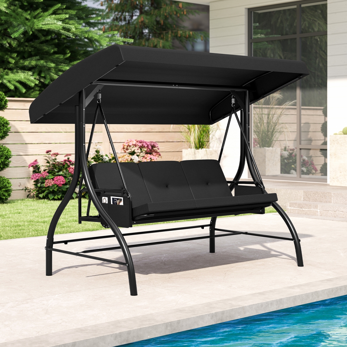 NP12526BK Patio Swing with Canopy Removable Cushions & Side Pockets - Black - 3 Piece
