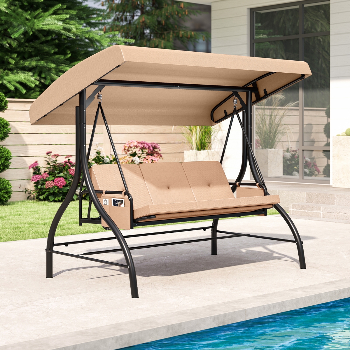NP12526ME Patio Swing with Canopy Removable Cushions & Side Pockets - Beige - 3 Piece