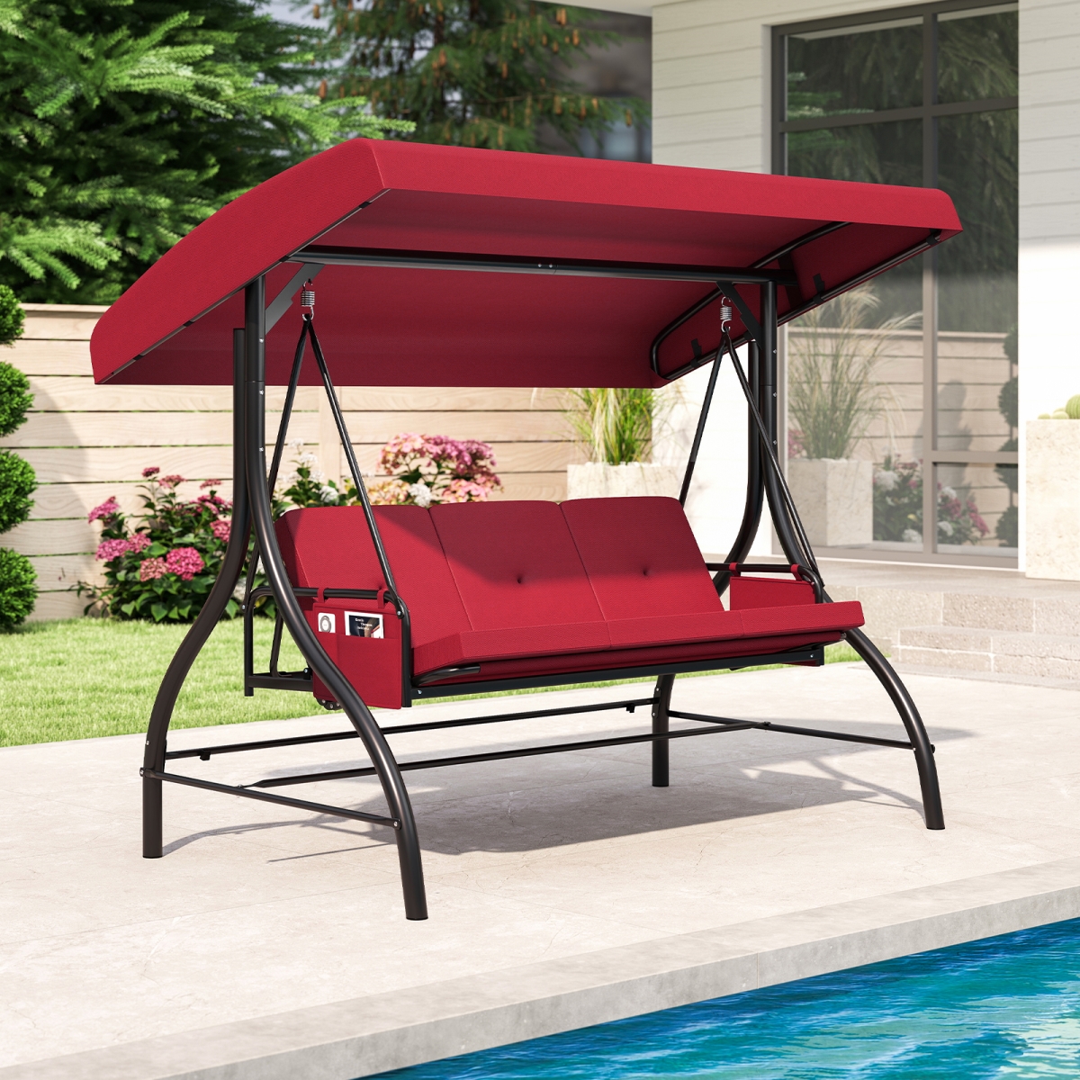 NP12526WN Patio Swing with Canopy Removable Cushions & Side Pockets - Burgundy - 3 Piece