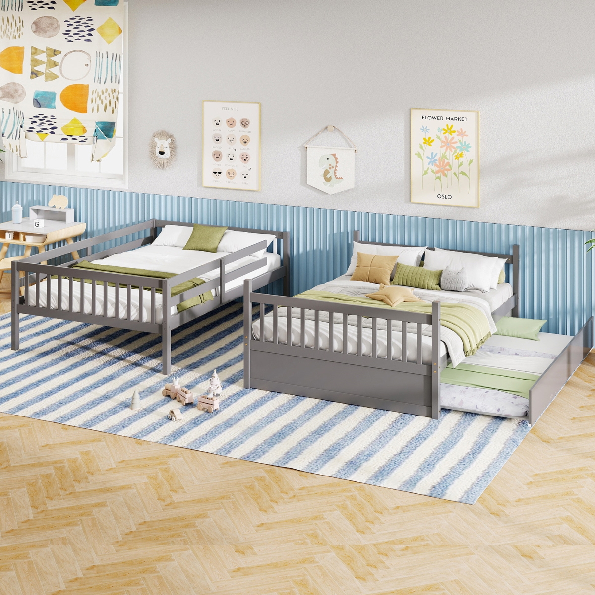 HW65358GR- Full Over Full Bunk Bed Platform Wood Bed with Ladder - Gray