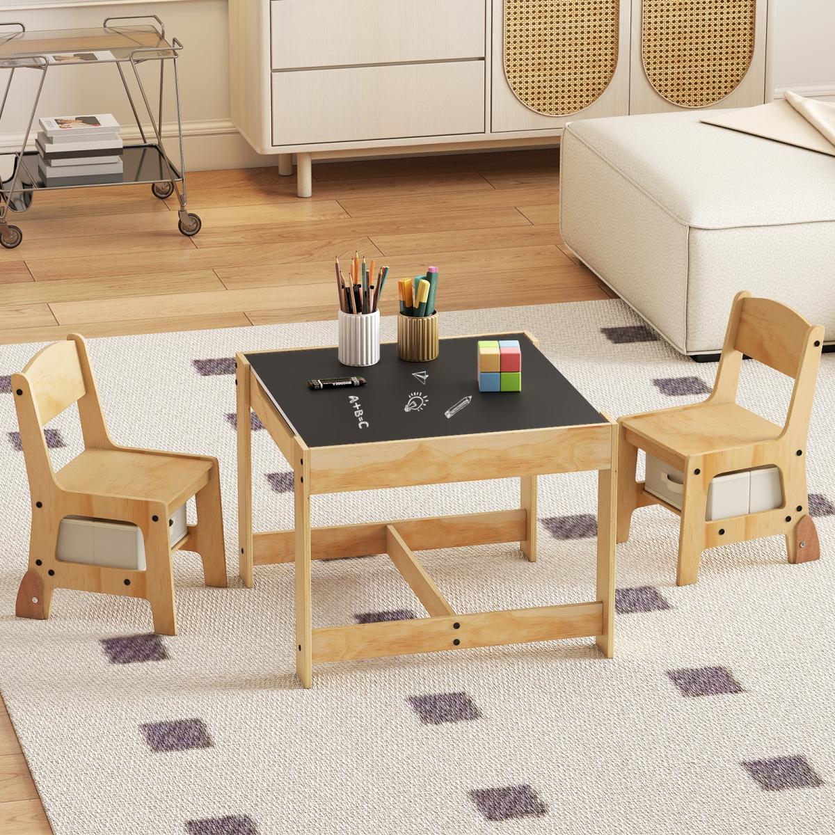 HY10390NA 3-in-1 Kids Table & Chair Set with Removable Tabletop & 2 Storage Drawers - Natural