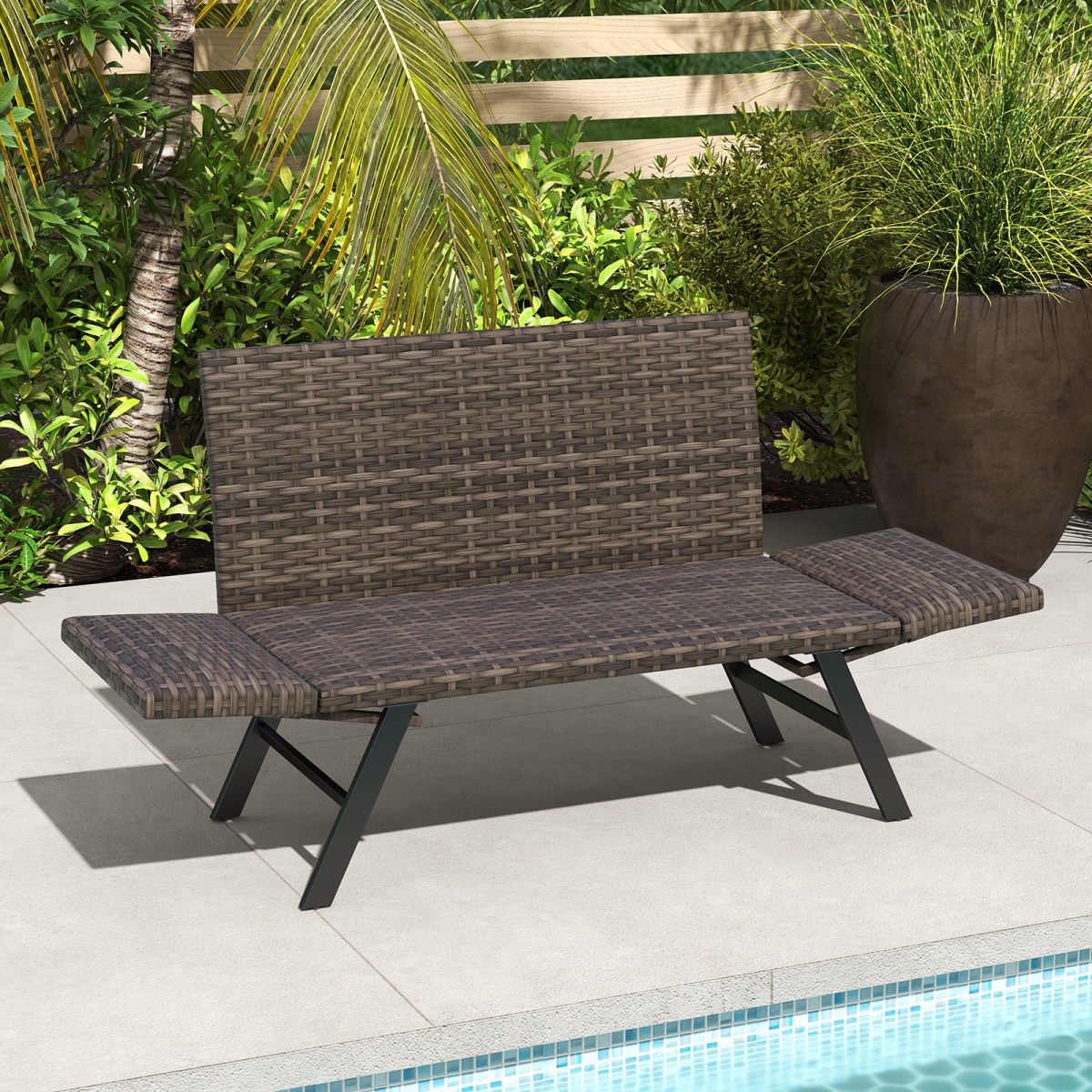 NP12098GR Patio Convertible Sofa for 2 Quick Dry Foam Padded Rattan with Armrests - Gray